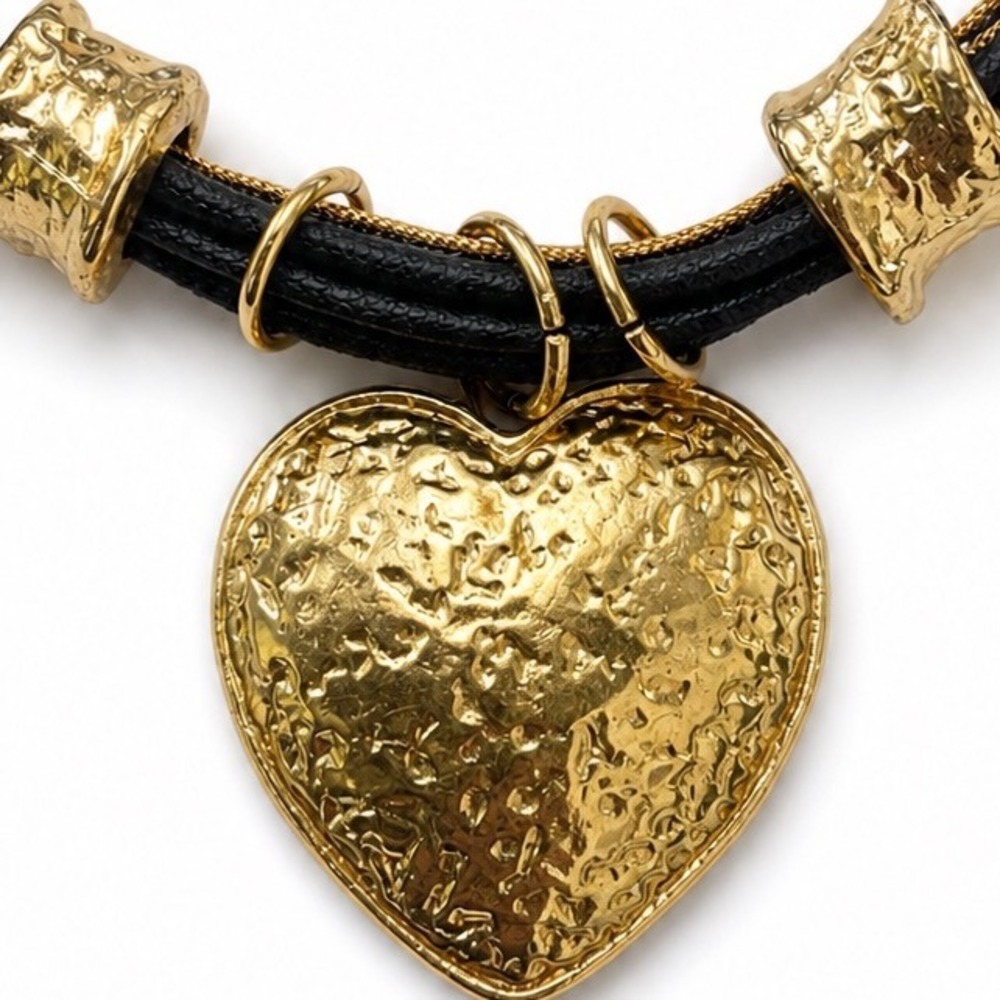 Gold Hammered Heart Pendant Multi Strand Black Cord Statement Necklace Boho Chuc